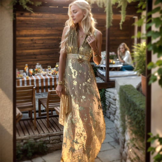 Lorena - Vestido largo plisado metalizado