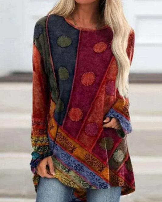 Elena – Blusa boho estampada de manga larga