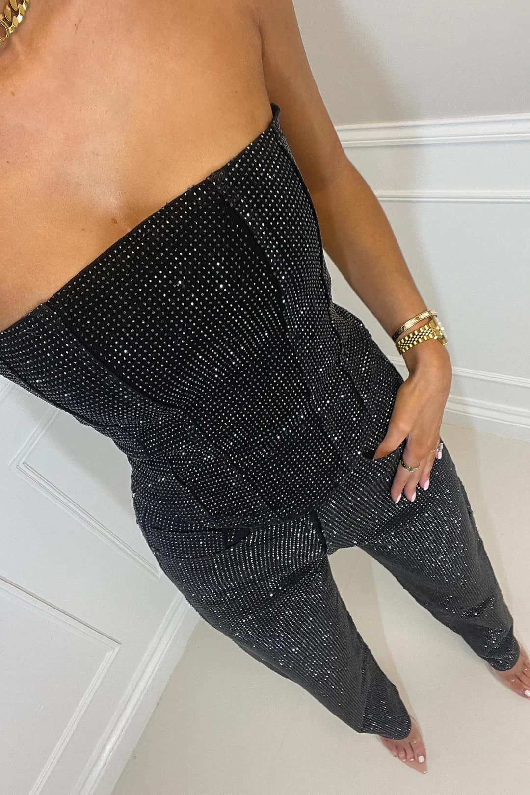 Adriana - Mono Mujer Elegante Palazo Sin Tirantes con Brillos