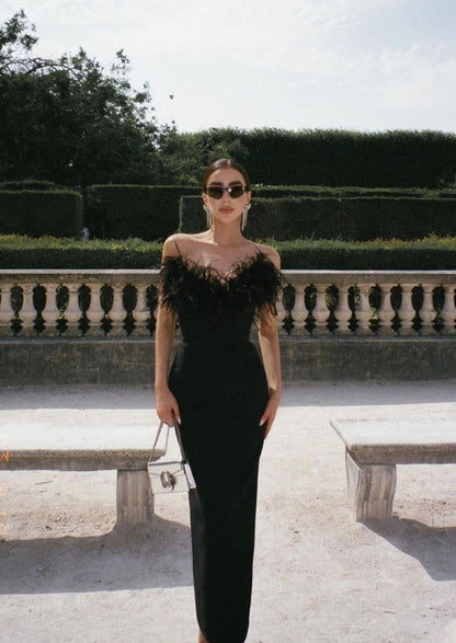 Camila – Vestido Largo de Noche con Plumas en el Escote