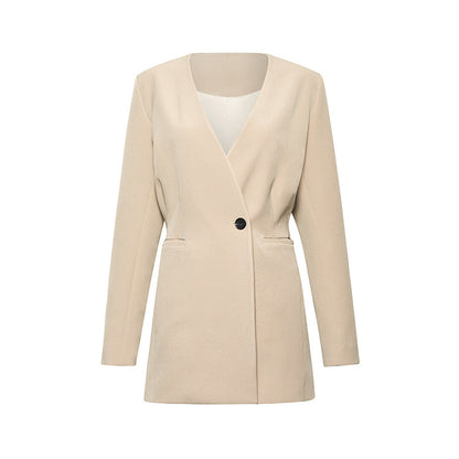 Abryelle | Chaqueta de traje beige sencilla con diseño drapeado