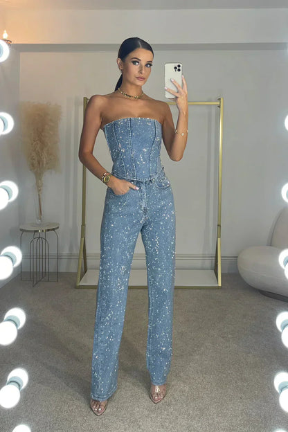Adriana - Mono Mujer Elegante Palazo Sin Tirantes con Brillos