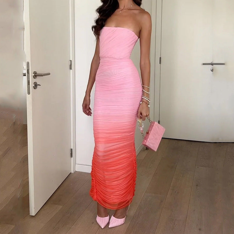 Amara - Maxi Vestido Ombre Acanalado Sin Tirantes