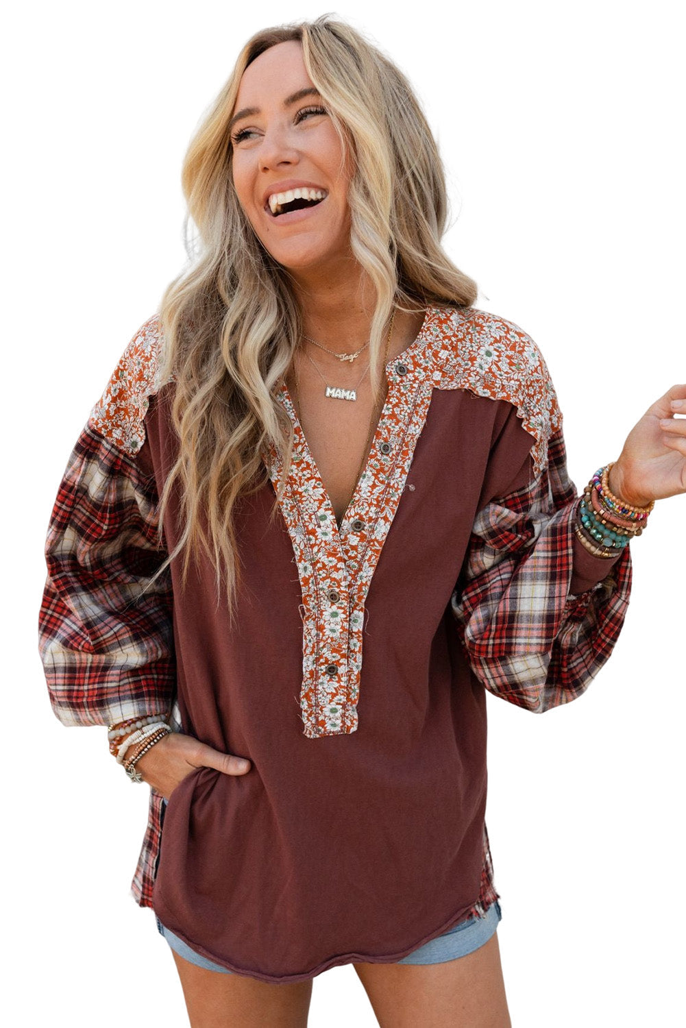 Aryah | Top rojo con estampado mixto de cuadros y flores