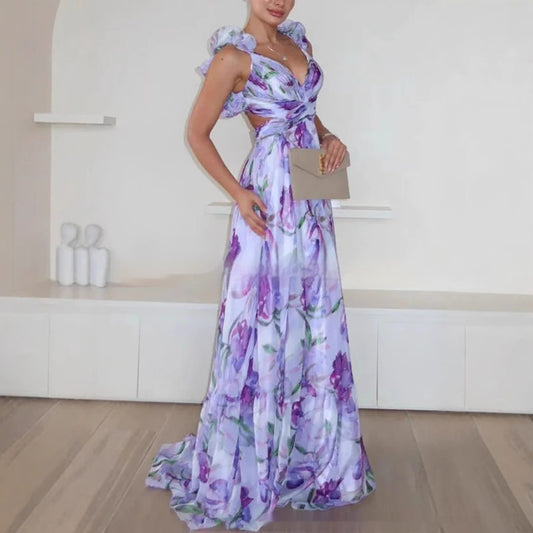 Bella - Maxivestido floral de gasa con volantes