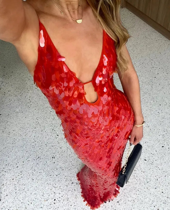 Isabella – Vestido largo de lentejuelas con escote profundo