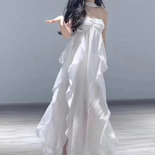 Nayla - Vestido sin tirantes de gasa con volantes