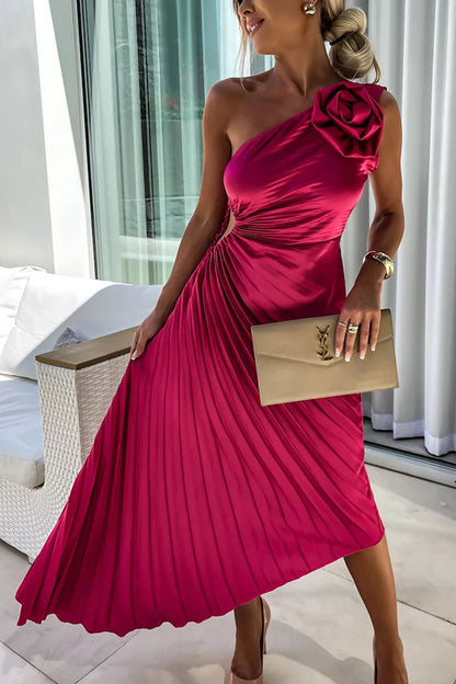 Natalia - Vestido Mujer Asimétrico de Fiesta con Plisado y Flor en Hombro