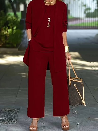 Valentina - Conjunto de mujer tres piezas con chaqueta larga y pantalón ancho