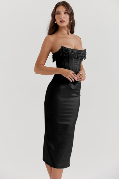 Serena - Vestido sin tirantes de satén adornado con perlas