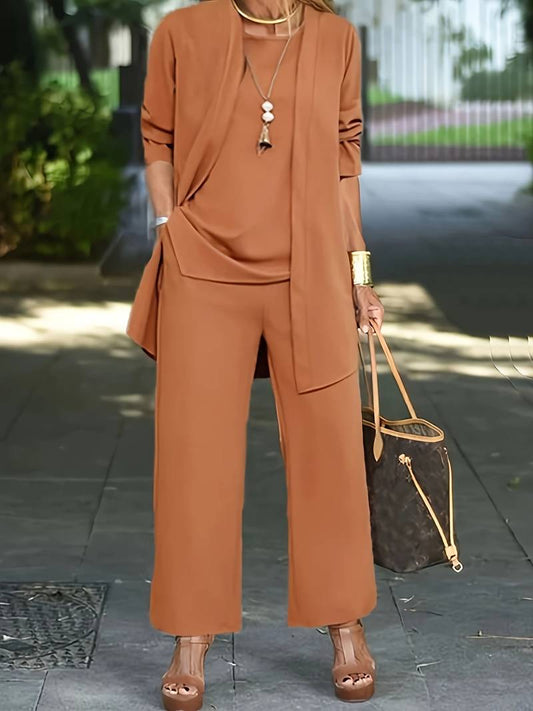 Valentina - Conjunto de mujer tres piezas con chaqueta larga y pantalón ancho