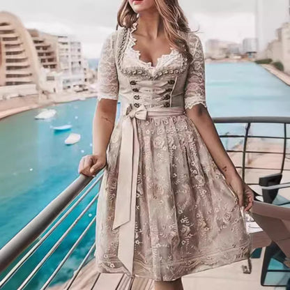 Glenda - Vestido dirndl beige bordado con encaje