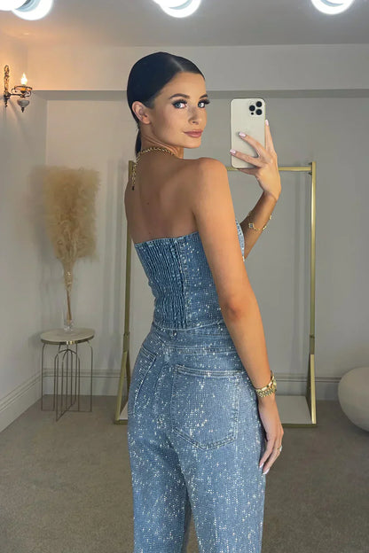 Adriana - Mono Mujer Elegante Palazo Sin Tirantes con Brillos