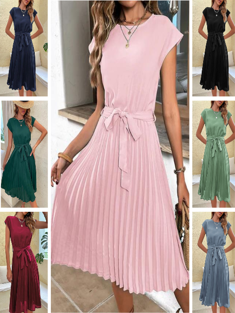 Lucía - Vestido midi plisado para mujer con lazo en cintura