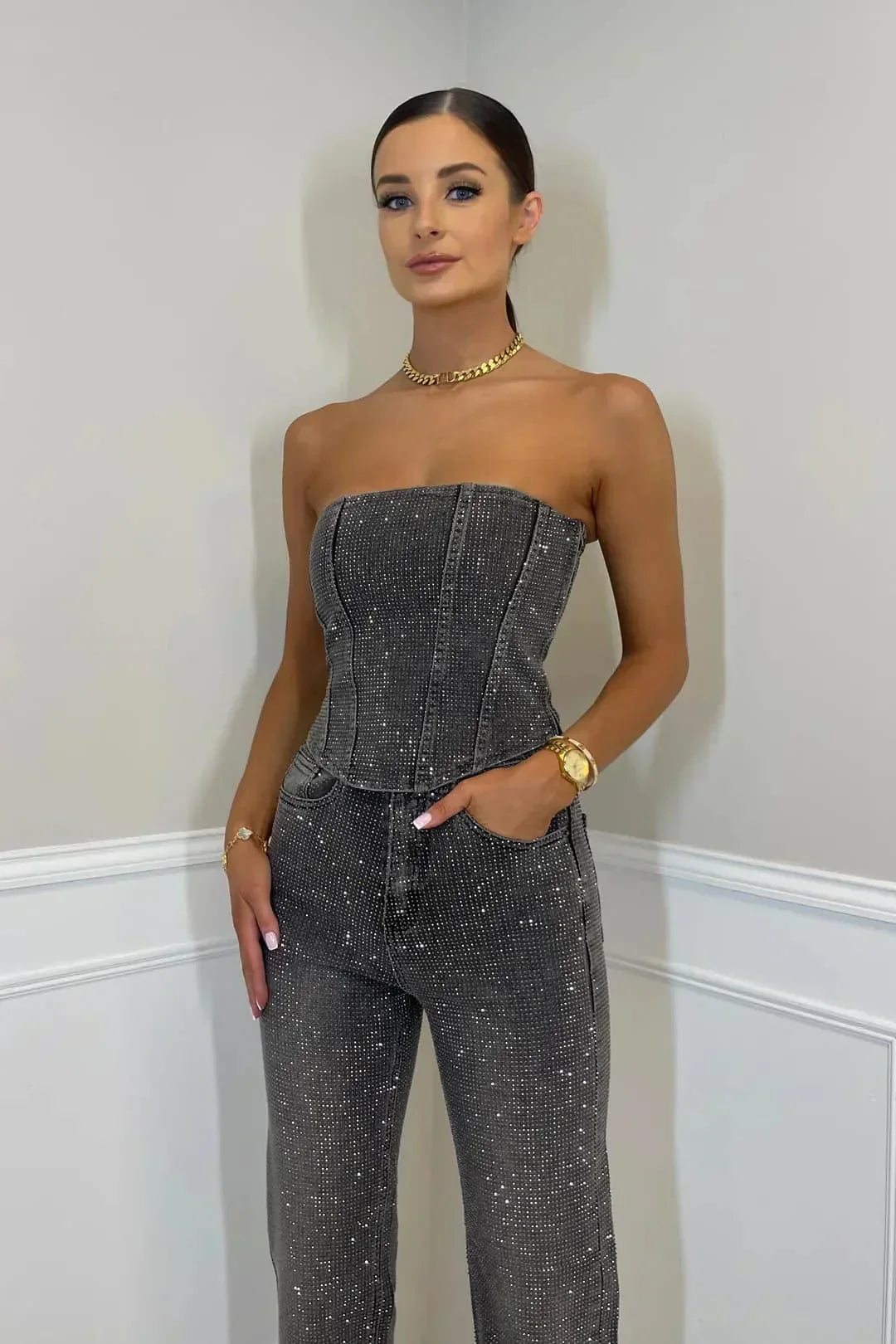 Adriana - Mono Mujer Elegante Palazo Sin Tirantes con Brillos