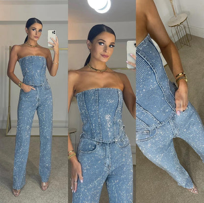 Adriana - Mono Mujer Elegante Palazo Sin Tirantes con Brillos