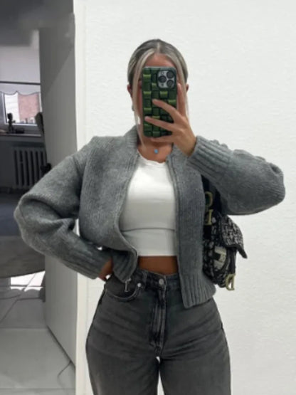 Marina | Gris O-cuello de punto Mujeres Suéter Chaqueta Moda