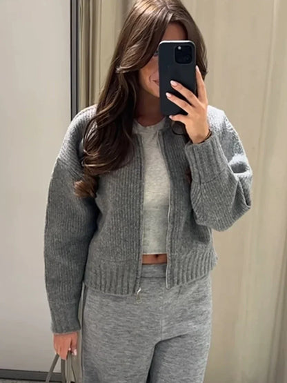 Marina | Gris O-cuello de punto Mujeres Suéter Chaqueta Moda