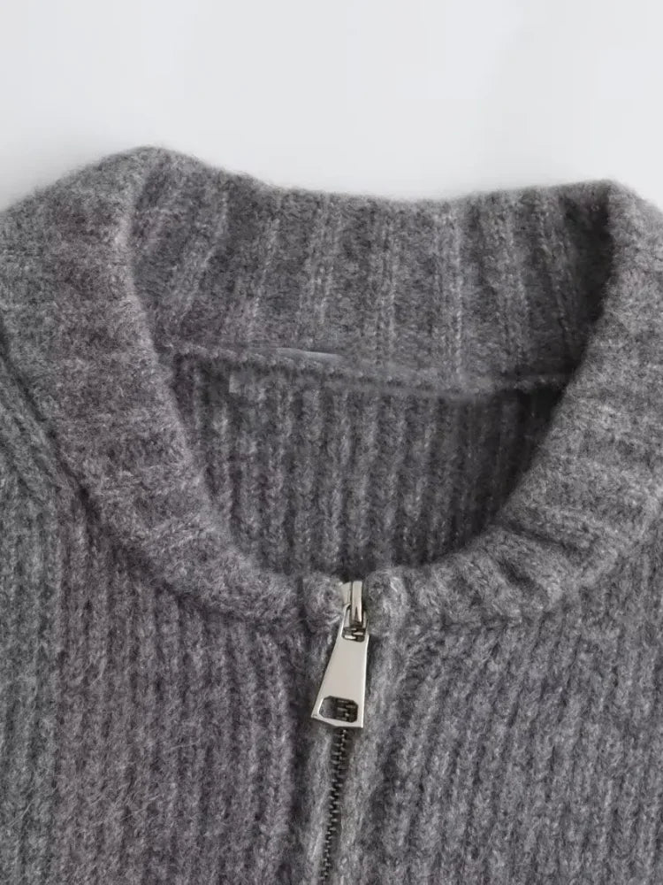 Katalyse | Chaqueta suéter de punto gris con cuello redondo para mujer