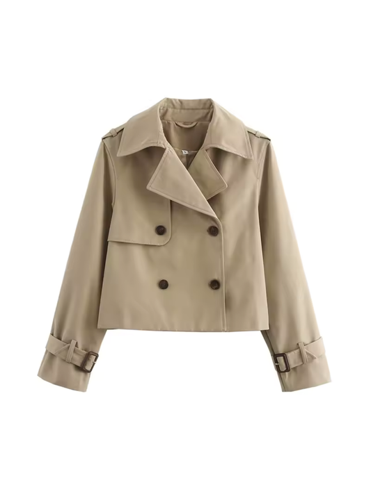 Clara – Gabardina Corta Elegante de Doble Botonadura