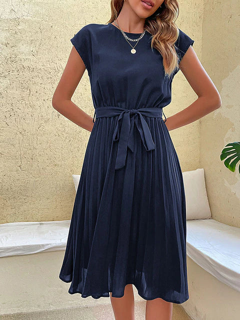 Lucía - Vestido midi plisado para mujer con lazo en cintura