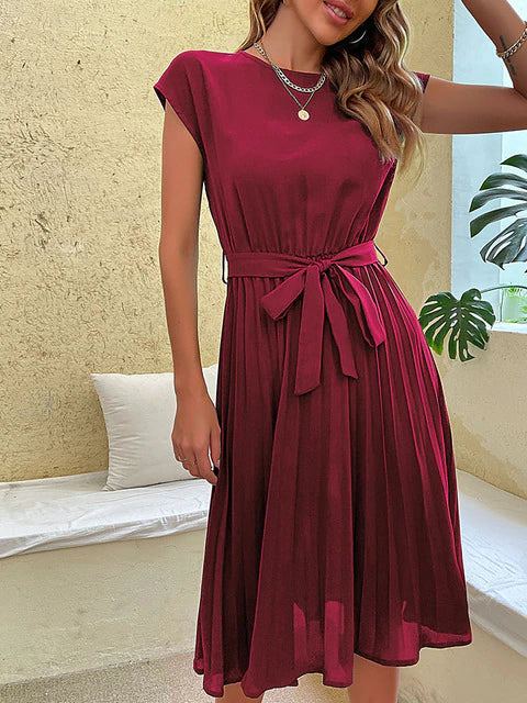 Lucía - Vestido midi plisado para mujer con lazo en cintura