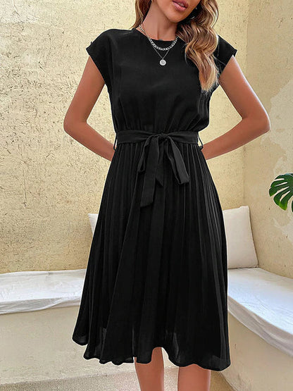 Lucía - Vestido midi plisado para mujer con lazo en cintura