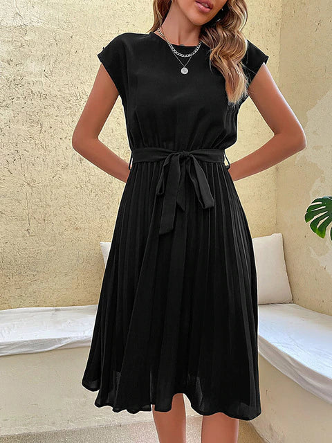 Lucía - Vestido midi plisado para mujer con lazo en cintura