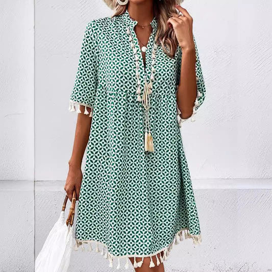 Lalaine - Vestido corto boho con estampado geométrico