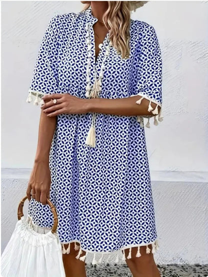 Lalaine - Vestido corto boho con estampado geométrico