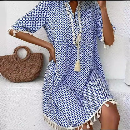 Lalaine - Vestido corto boho con estampado geométrico
