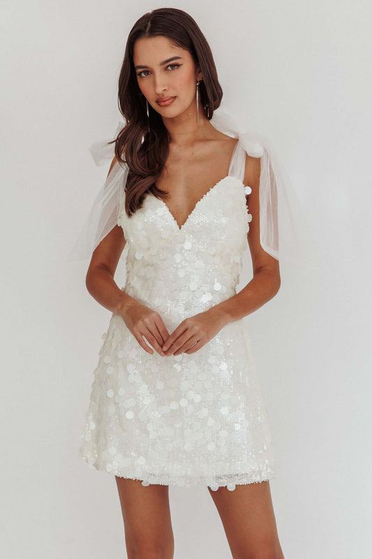 Julieta - Vestido corto mujer con lentejuelas y tirantes de lazo
