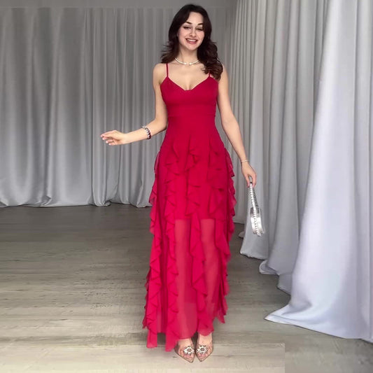 Maila- Vestido largo de gasa con volantes