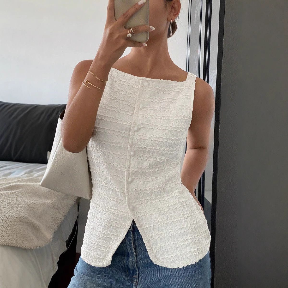 Eurika - Blusa de botones sin mangas con textura