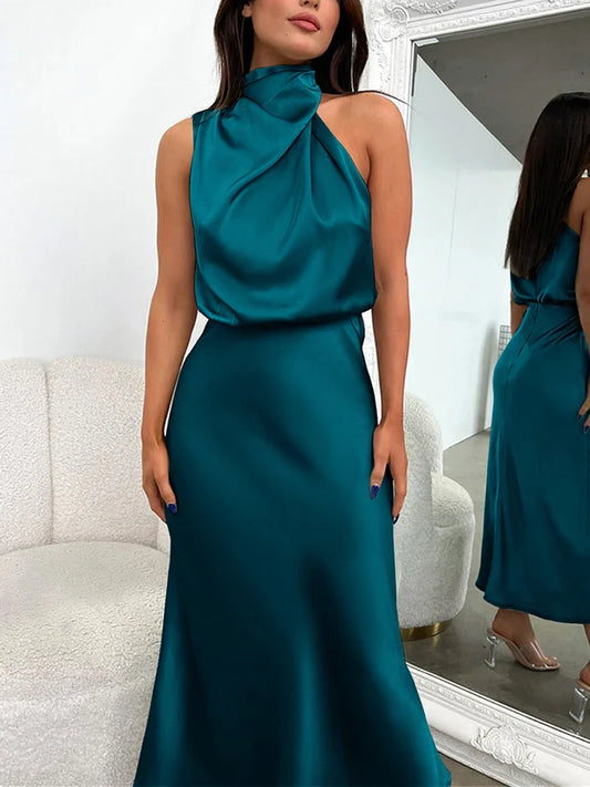Camila - Vestido de mujer satinado largo con cuello drapeado
