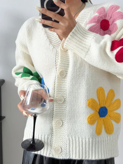 Flor | Cardigan de punto suelto con bordado de flores para mujer