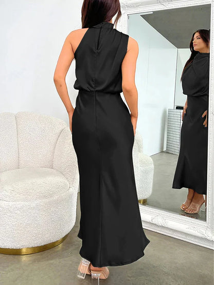 Camila - Vestido de mujer satinado largo con cuello drapeado