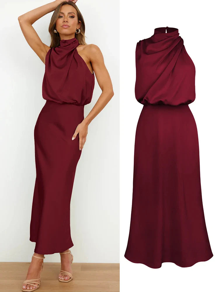 Camila - Vestido de mujer satinado largo con cuello drapeado