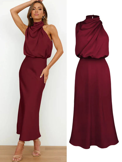 Camila - Vestido de mujer satinado largo con cuello drapeado