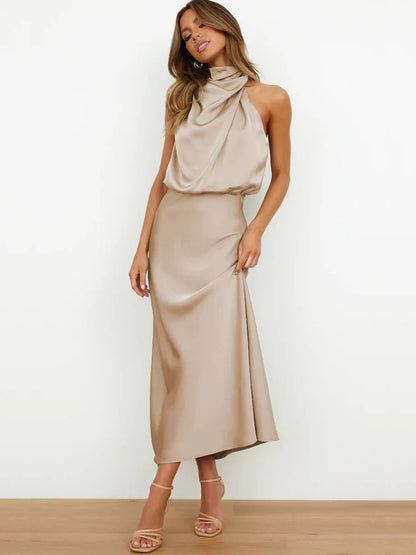 Camila - Vestido de mujer satinado largo con cuello drapeado