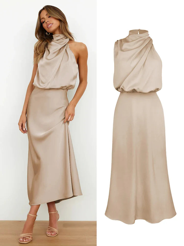 Camila - Vestido de mujer satinado largo con cuello drapeado
