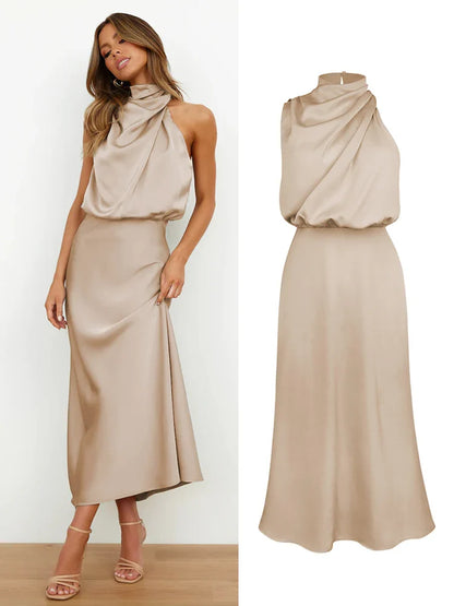 Camila - Vestido de mujer satinado largo con cuello drapeado