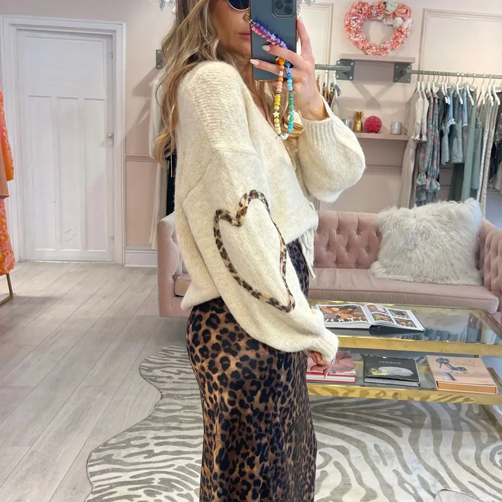 Felicidah | Cardigan para mujer con patchwork de leopardo en forma de corazón