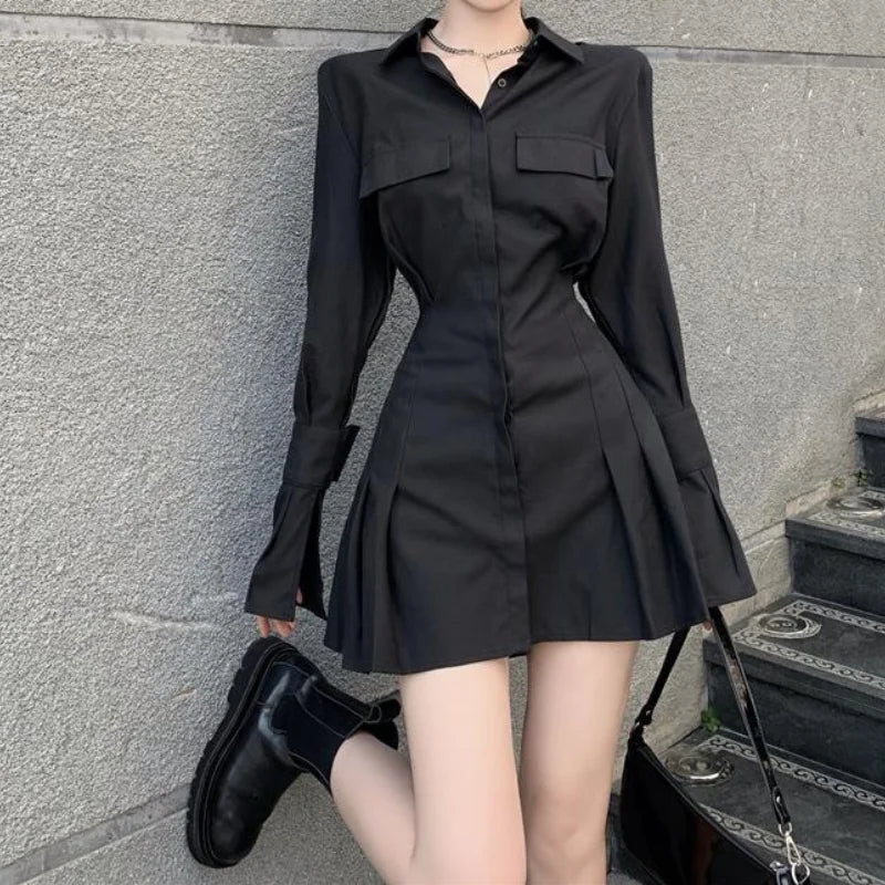 Kathyziel | Vestido de camisa negro para mujeres con pliegues