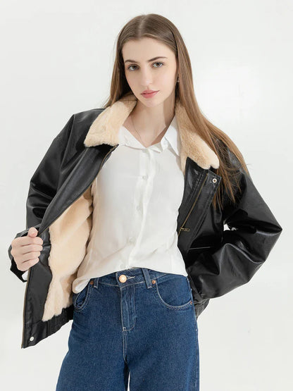 Pahloma | Chaqueta de invierno de cuero para mujer con piel sintética