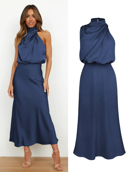 Camila - Vestido de mujer satinado largo con cuello drapeado