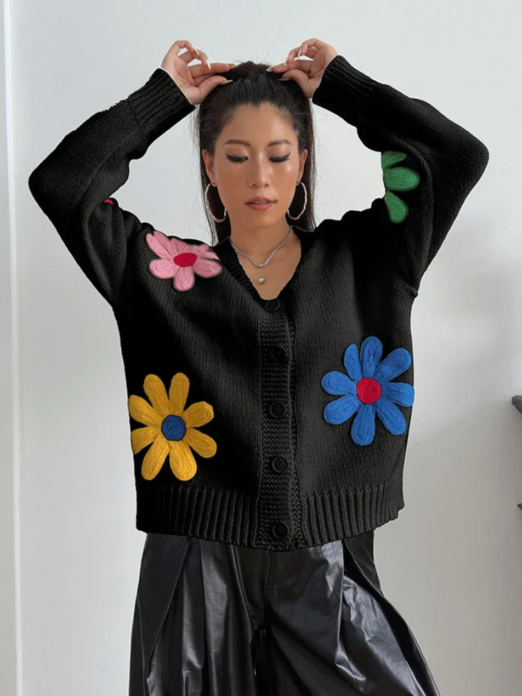 Flor | Cardigan de punto suelto con bordado de flores para mujer