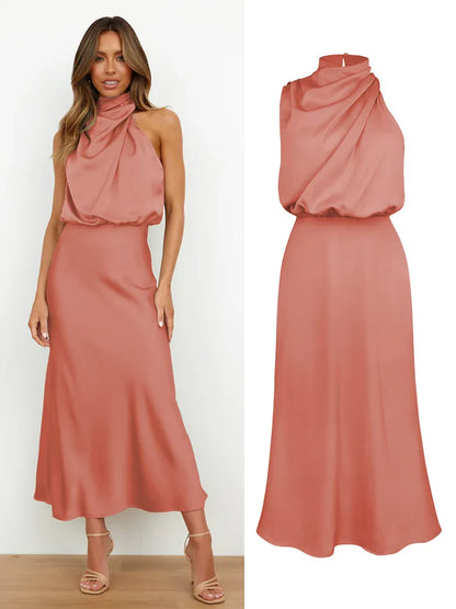 Camila - Vestido de mujer satinado largo con cuello drapeado