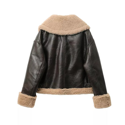 Vesperah | Chaqueta de piloto para mujer de cuero sintético con forro de peluche