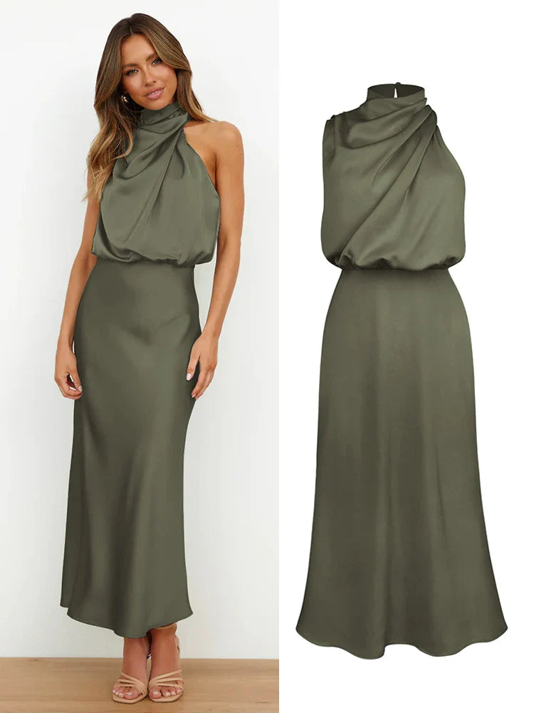 Camila - Vestido de mujer satinado largo con cuello drapeado